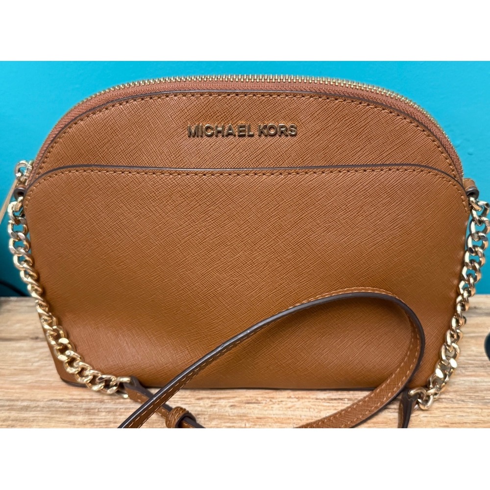 Michael Kors Dome Crossbody Bag Womens Brown Saffiano Leather Gold Chain Minimal